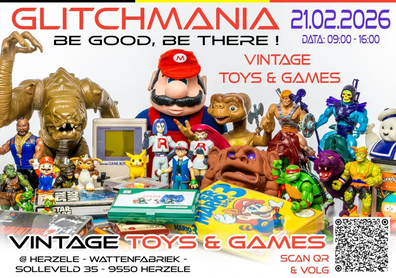 Poster voor retrogamebeurs GlitchMania 2026 op 21-02-2026 in Herzele
