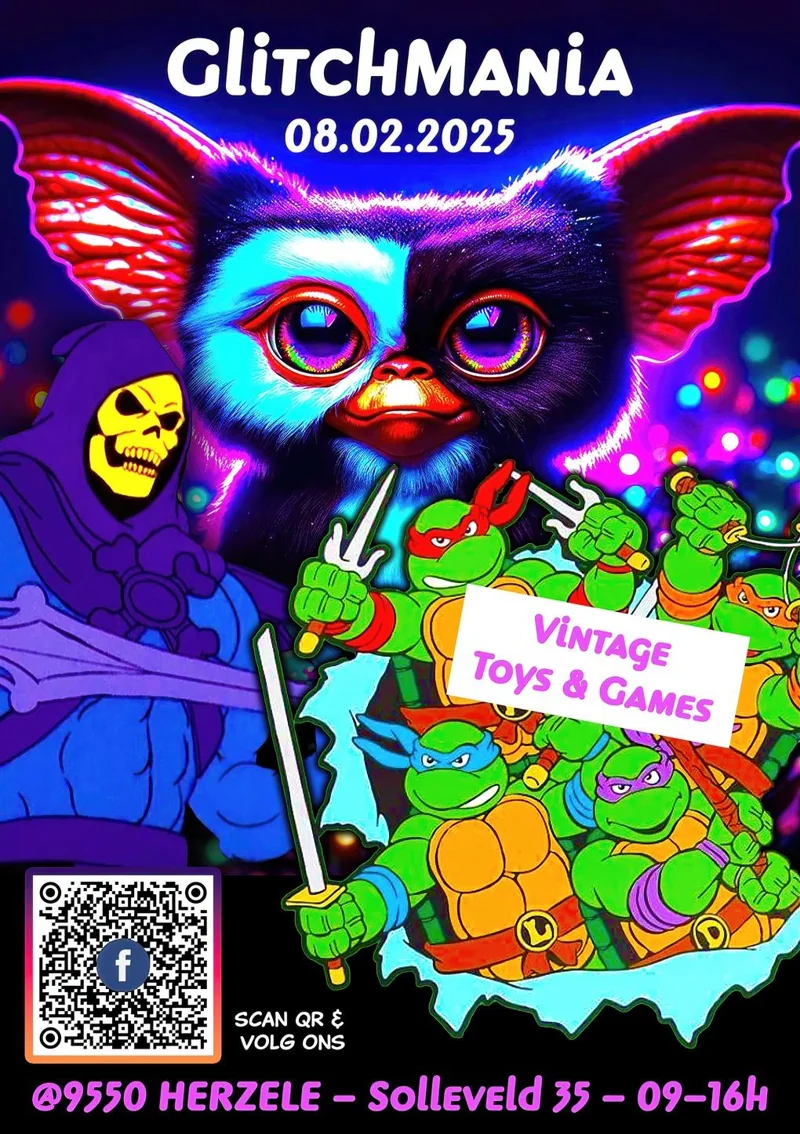 Poster for retro game convention GlitchMania 2025, Retro Game Beurs Herzele on 08-02-2025 in Herzele